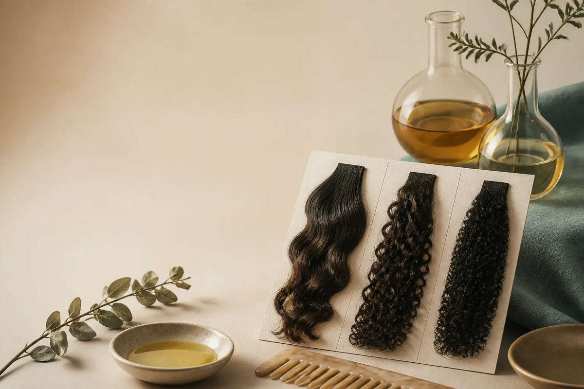 Échantillons de textures de cheveux et huiles végétales pour choisir un lissage