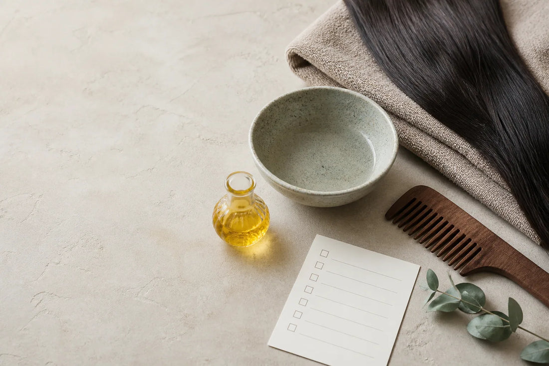 Préparation des cheveux avec peigne, serviette et checklist
