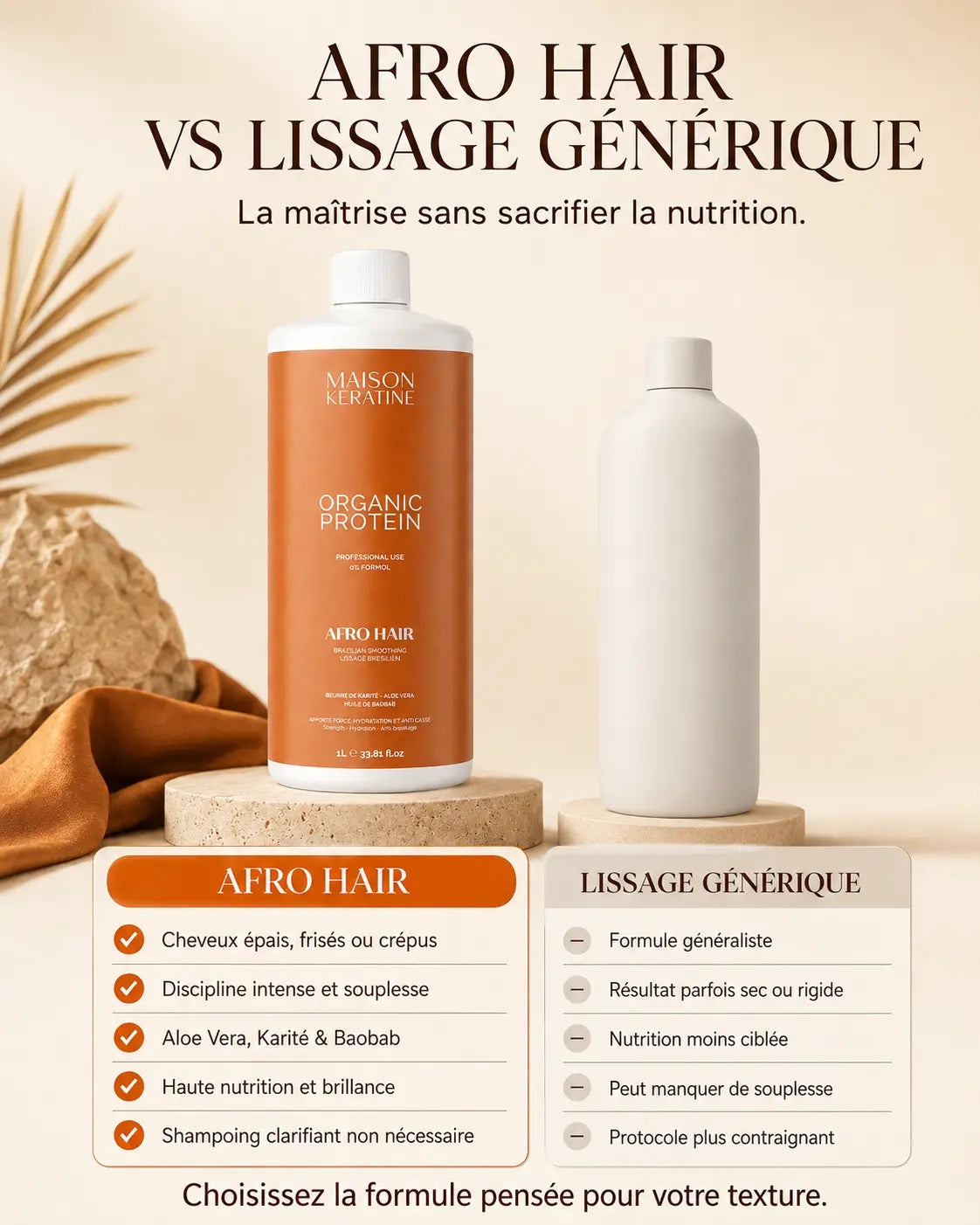 Infographie comparative lissage brésilien 1 litre Afro Hair Maison Kératine face au lissage générique