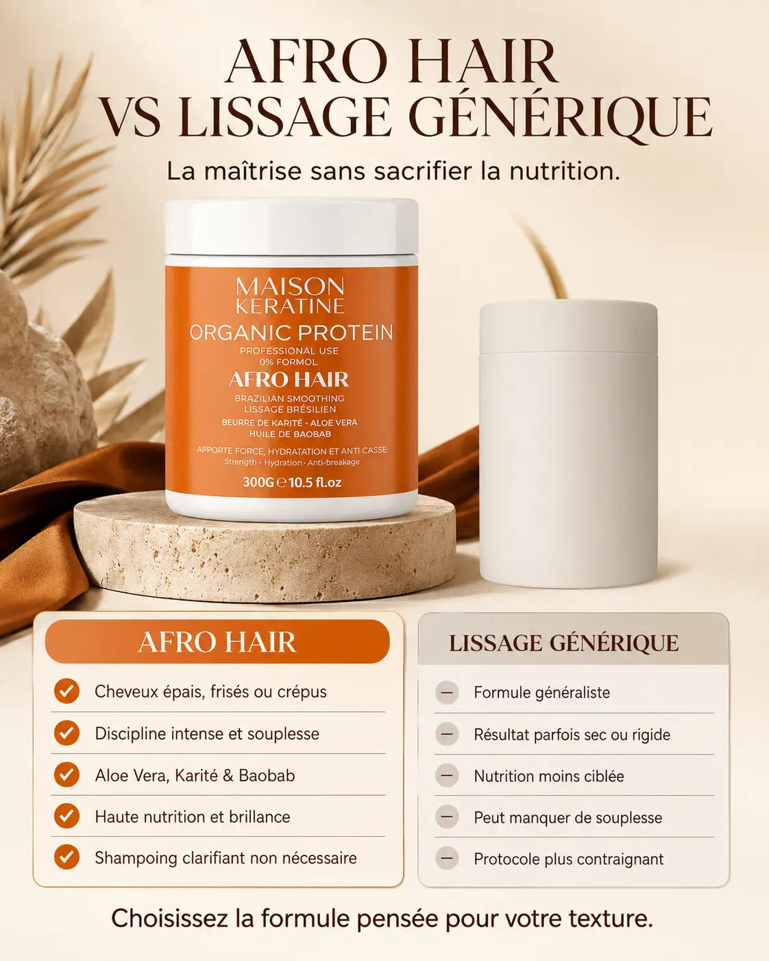 Tableau comparatif lissage brésilien Afro Hair Maison Kératine vs lissage classique pour cheveux crépus