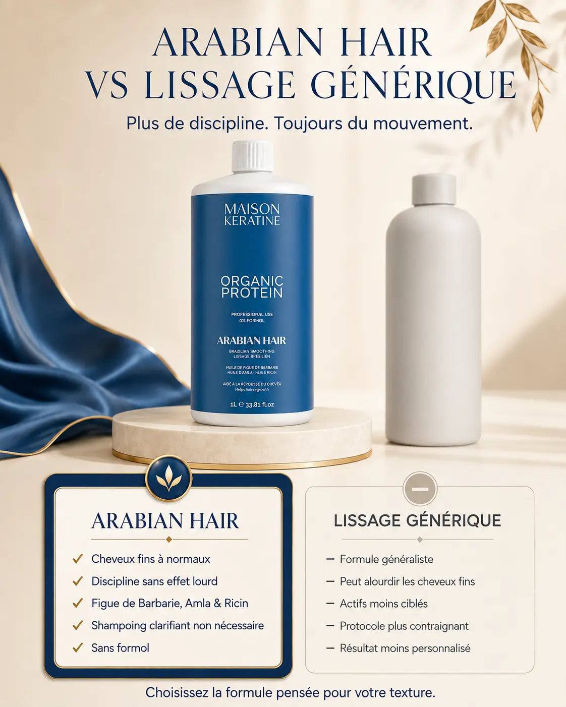 Infographie comparative format 1L lissage brésilien Arabian Hair vs lissage brésilien générique